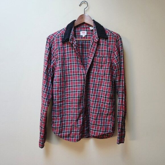 🌻Levi's 100% cotton red plaid shirt with corduroy collar / S - Picture 1 of 4